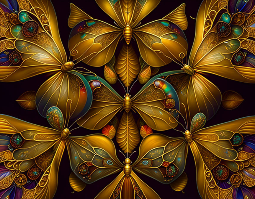 Symmetrical ornate golden butterflies with jeweled accents on dark background