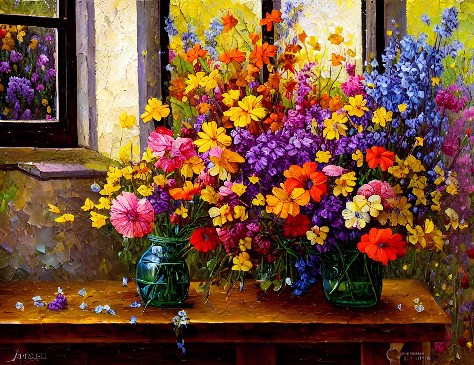 Colorful Flowers in Glass Vases on Wooden Table with Sunlit Background