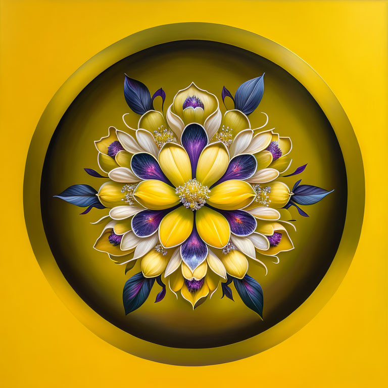 Symmetrical floral digital artwork with yellow and purple petals on yellow background