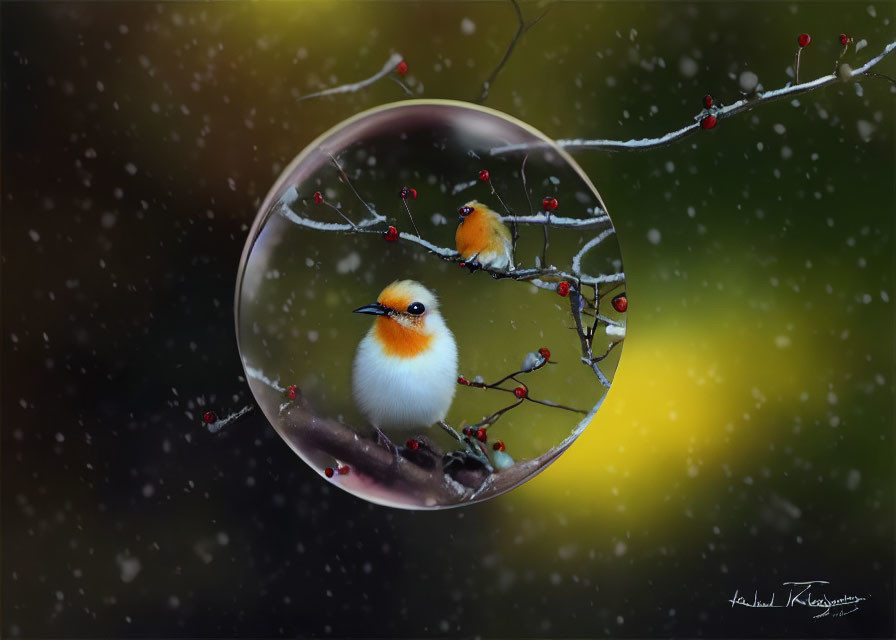 Vibrant birds on berry branches in transparent bubble on snowy backdrop