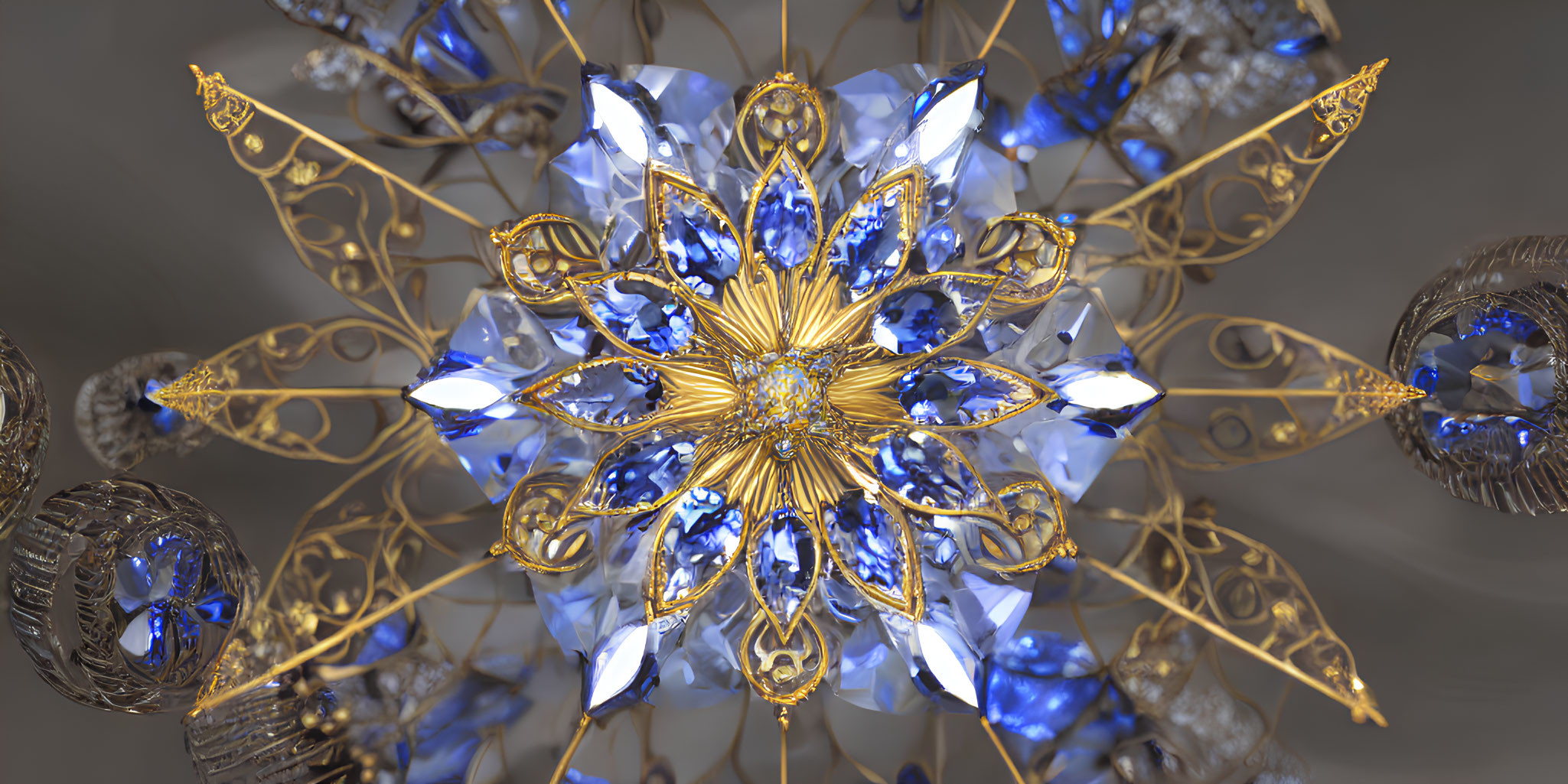 Symmetrical fractal design with blue gemstones and gold filigree