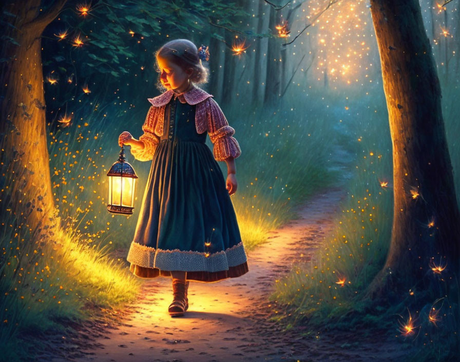 Young girl in vintage dress with lantern on firefly-lit path through enchanted forest at twilight