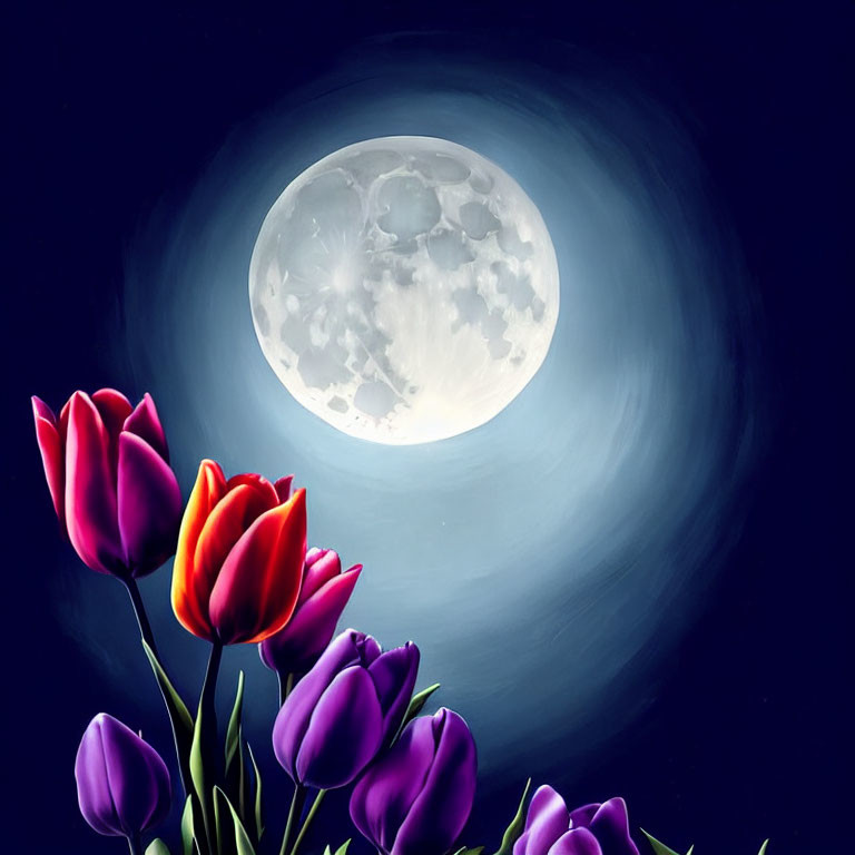 Colorful tulips with full moon in dark blue sky