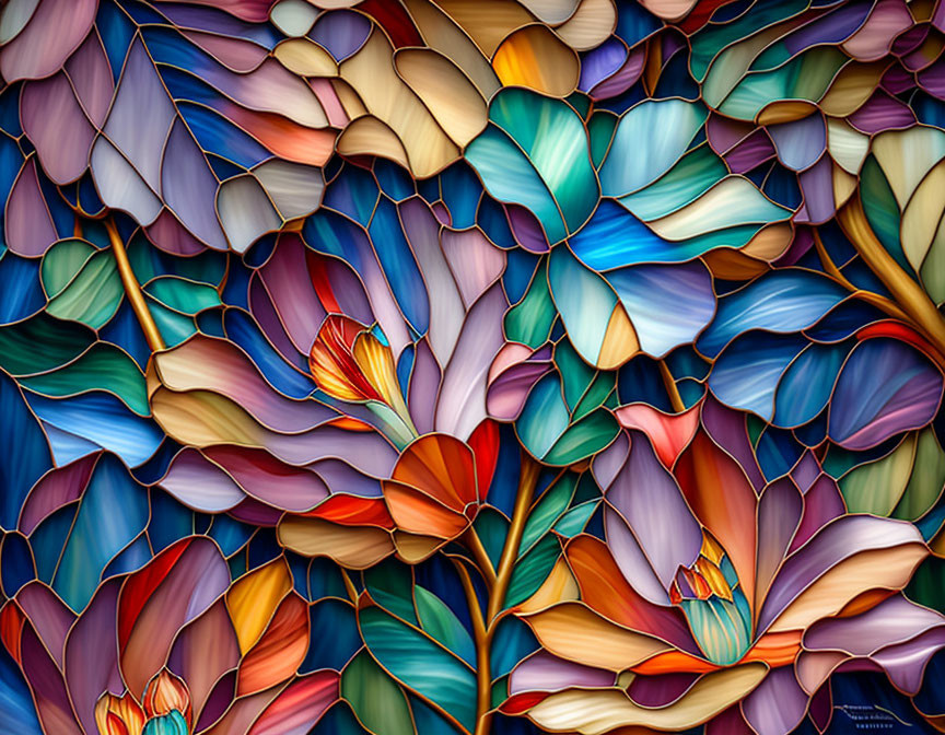 Colorful Stained Glass Artwork with Overlapping Flowers in Blue, Purple, Orange, and Yellow