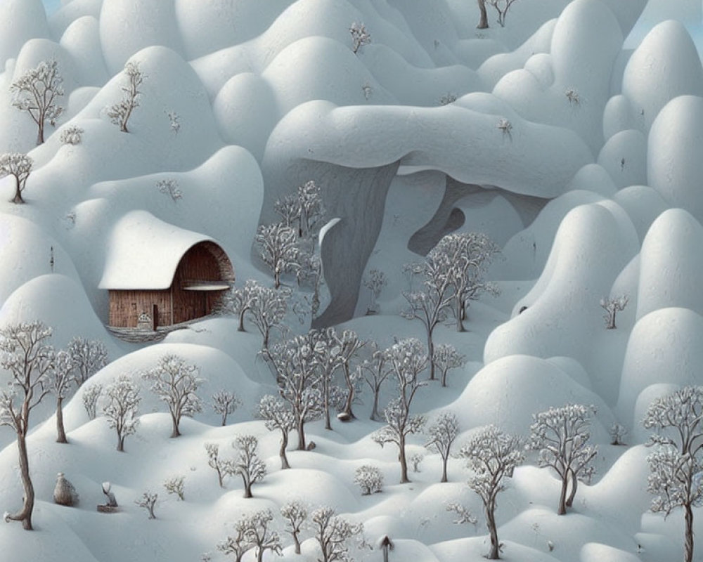 Snow-covered hills, wooden cabin, person with dog in serene winter landscape