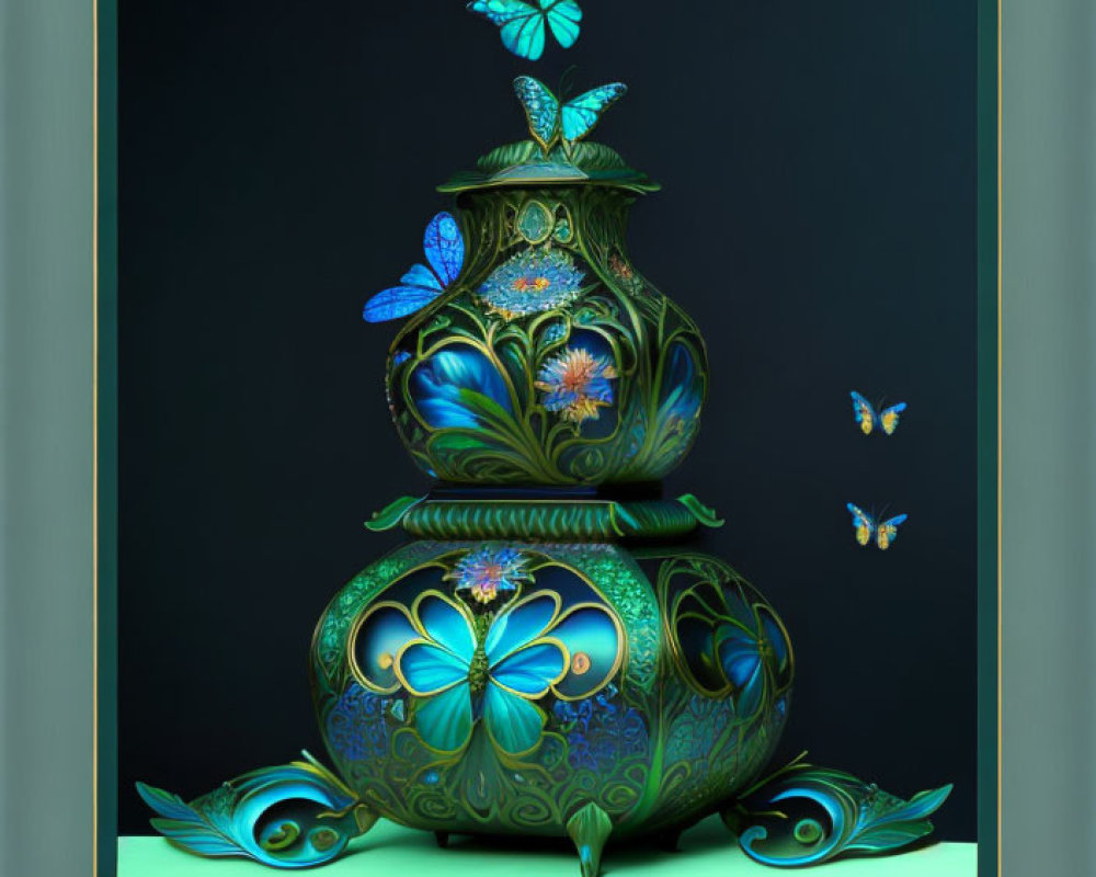 Green ornate vase with luminous blue patterns and flowers and delicate butterflies