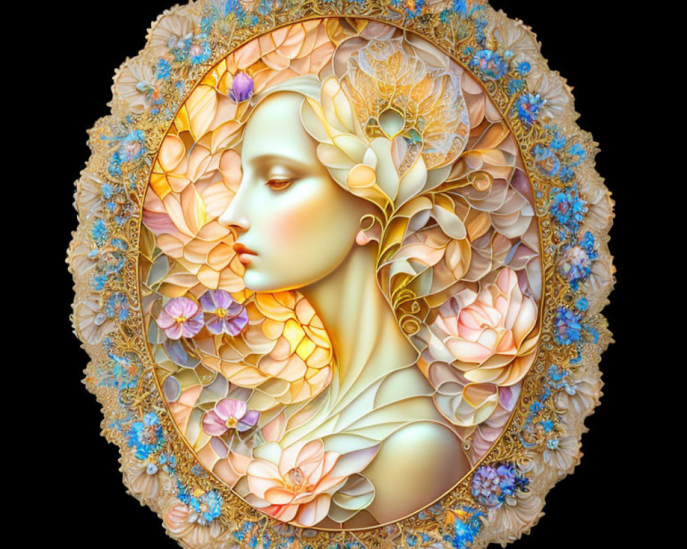 Detailed woman's profile with floral patterns on black background