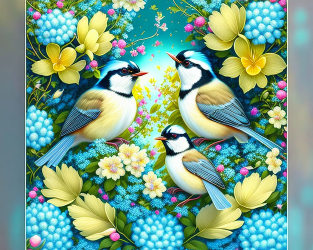 Colorful Digital Artwork: Three Birds in Floral Setting