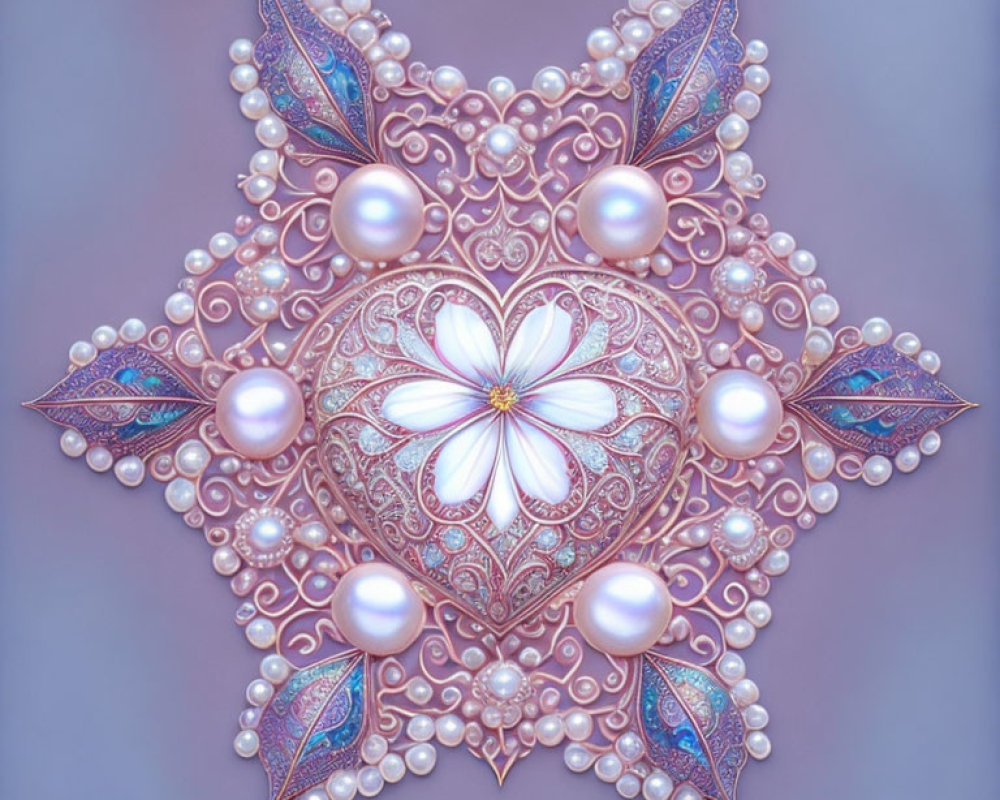 Intricate Mandala with Pearls, White Flower, Pink and Purple Filigree Patterns