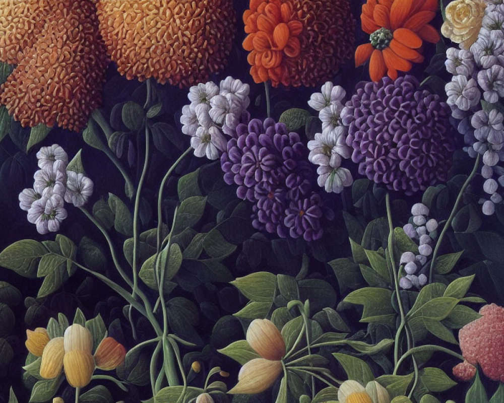 Detailed Botanical Illustration of Dahlias and Hydrangeas in Vivid Colors