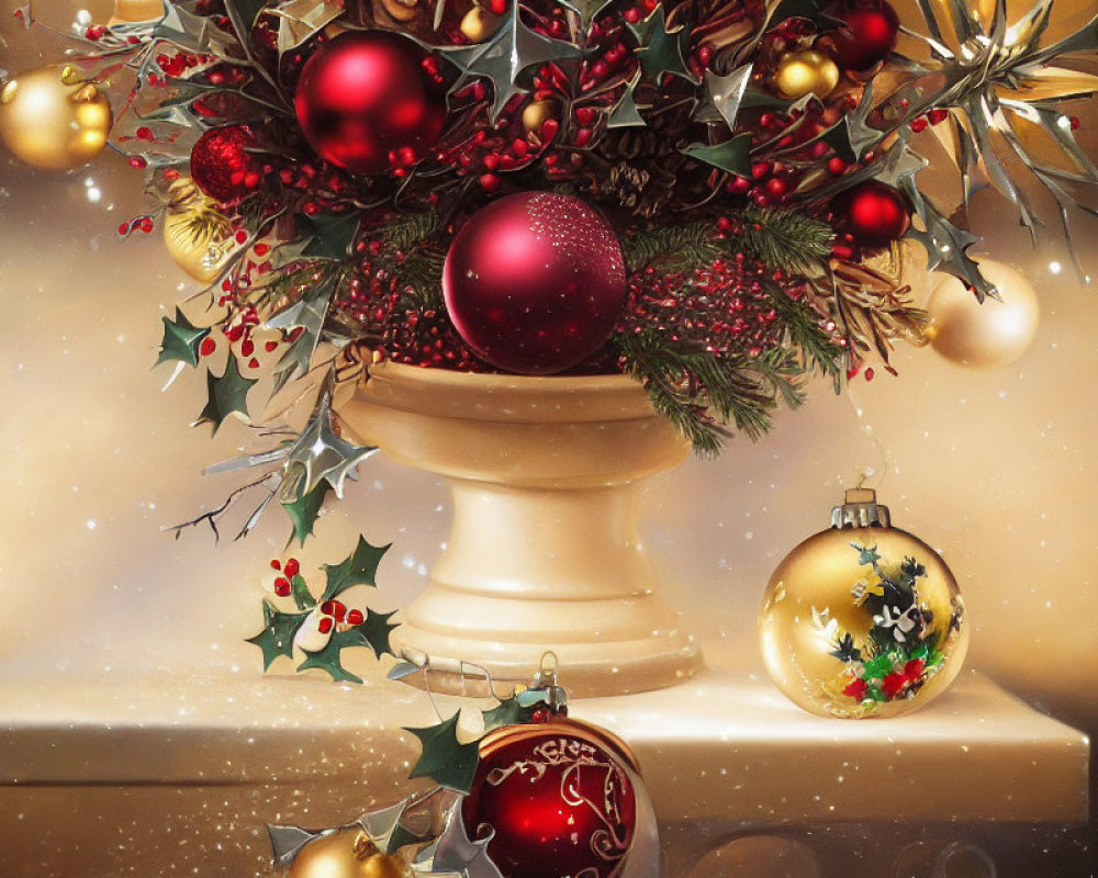 Red and Gold Christmas Ornaments with Holly Berries and Greenery in Stone Pedestal Vase