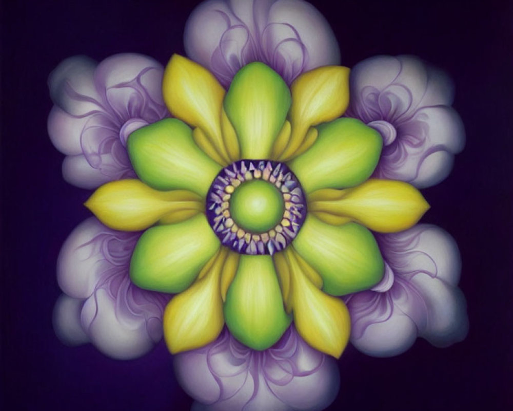 Symmetrical yellow and purple flower mandala on dark background