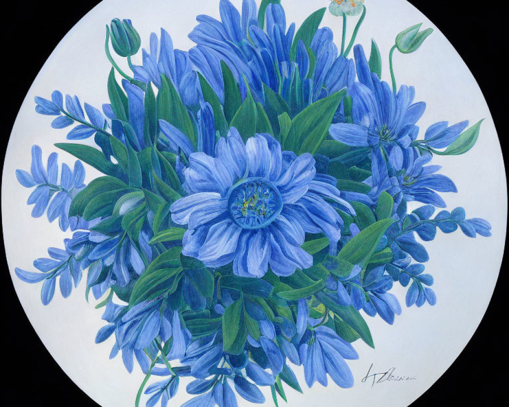 Circular Painting of Vibrant Blue Flowers and Green Leaves with Signature