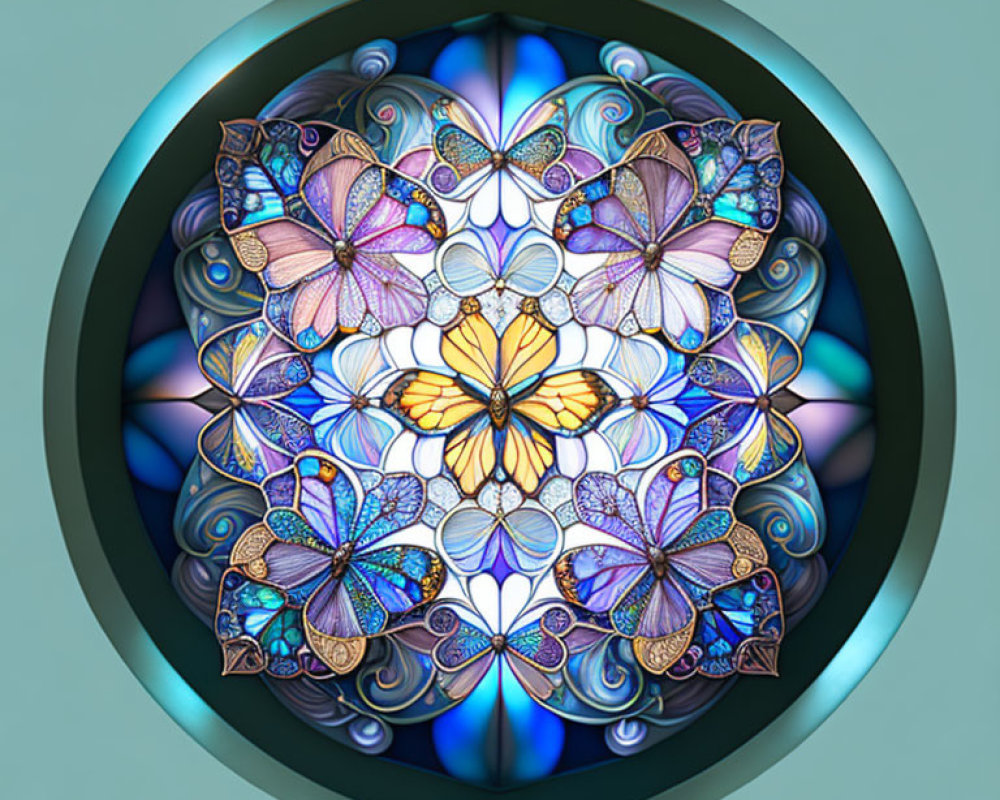 Symmetrical butterfly mandala in vibrant stained glass colors