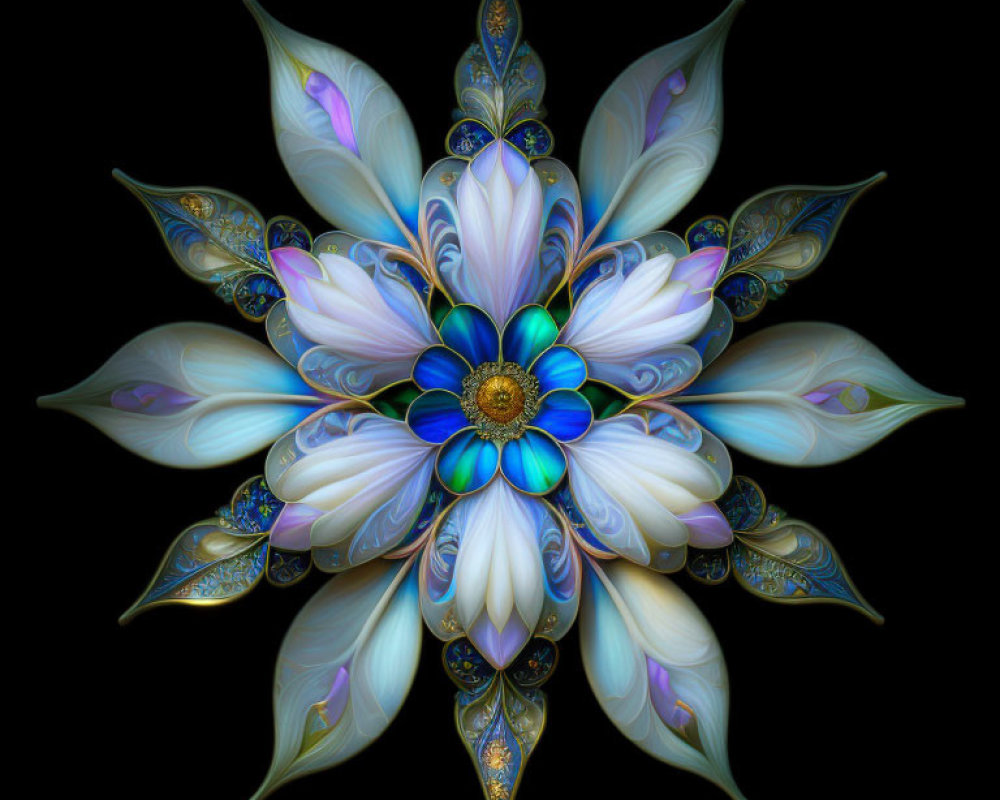 Intricate Blue, White, and Gold Fractal Flower on Black Background