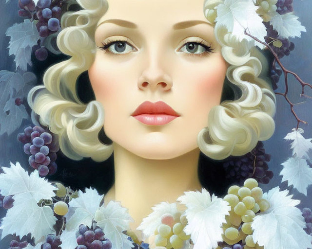 Stylized portrait of a woman with curly blonde hair among grapes and grape leaves