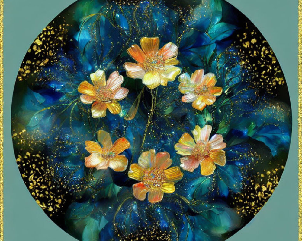 Circular Artwork: Orange-Yellow Flowers, Gold Detailing, Dark Blue Background