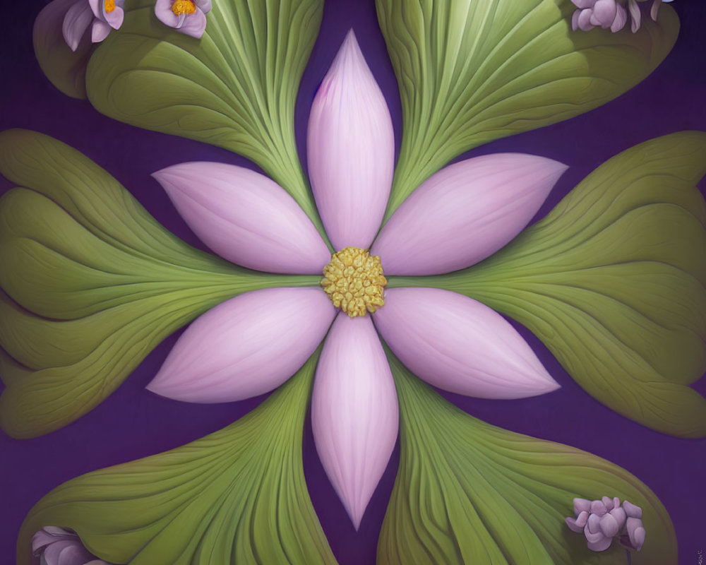 Symmetrical floral digital art: purple petals, green leaves, yellow core, on purple background