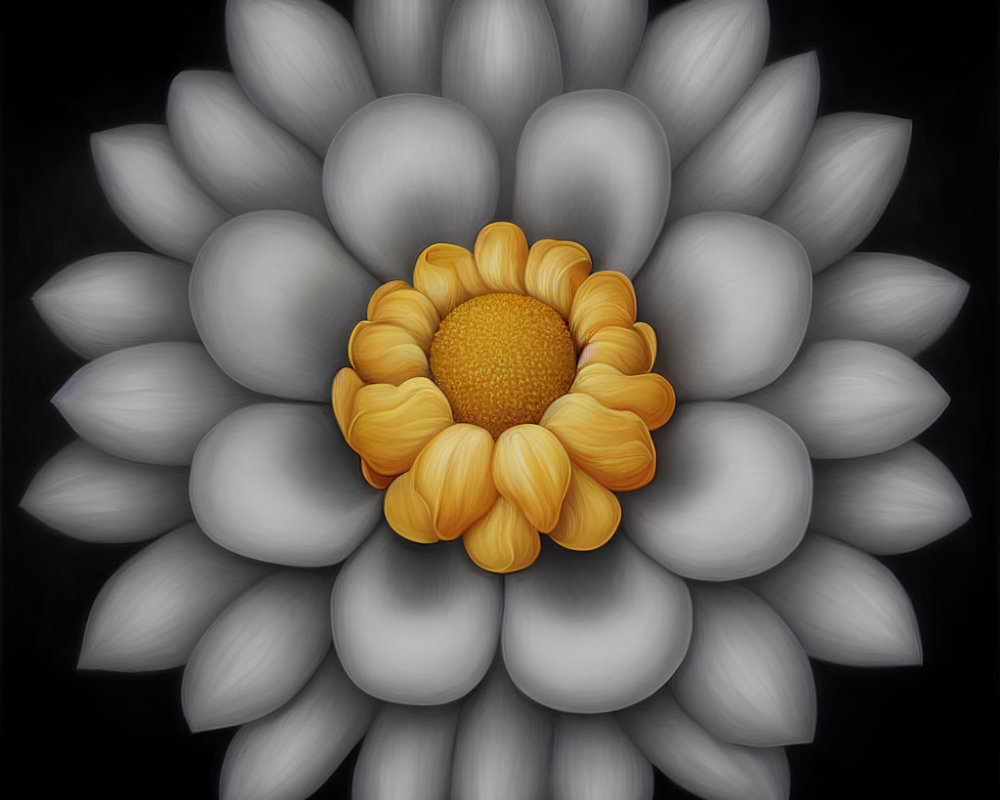 Stylized digital artwork of white flower with golden center on black background