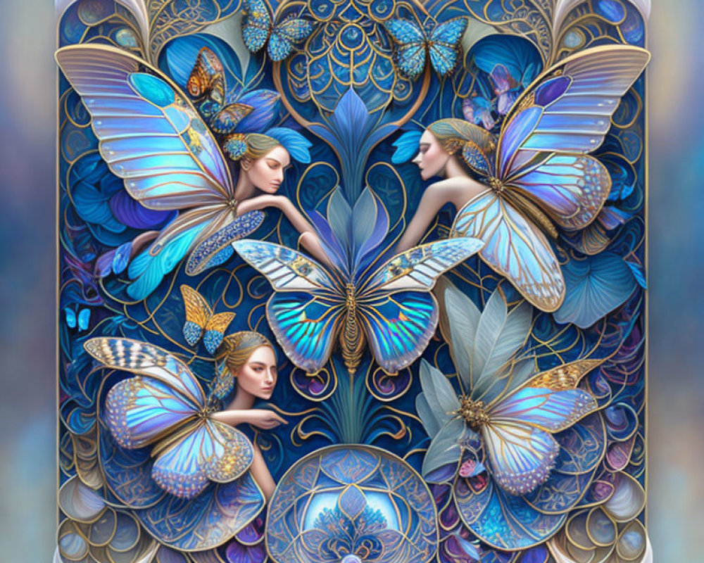 Symmetrical Artwork: Two Women with Butterfly Wings in Ornate Floral Setting