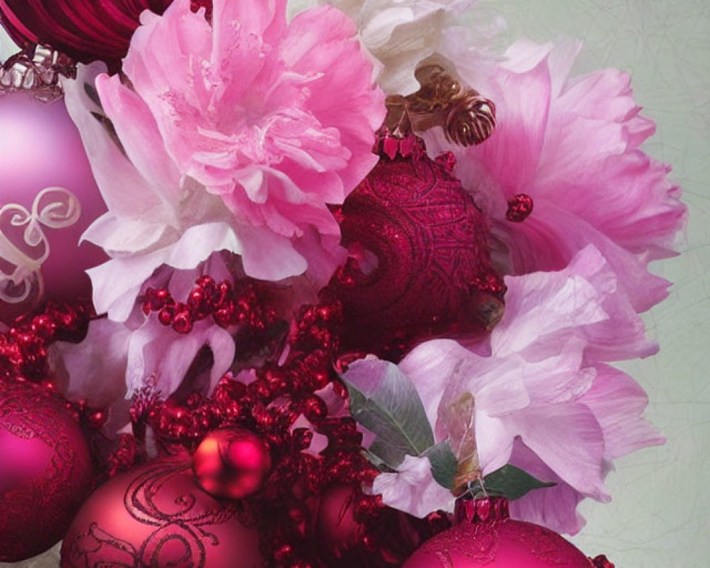 Pink Peonies and Red Christmas Ornaments Arrangement on Subtle Background