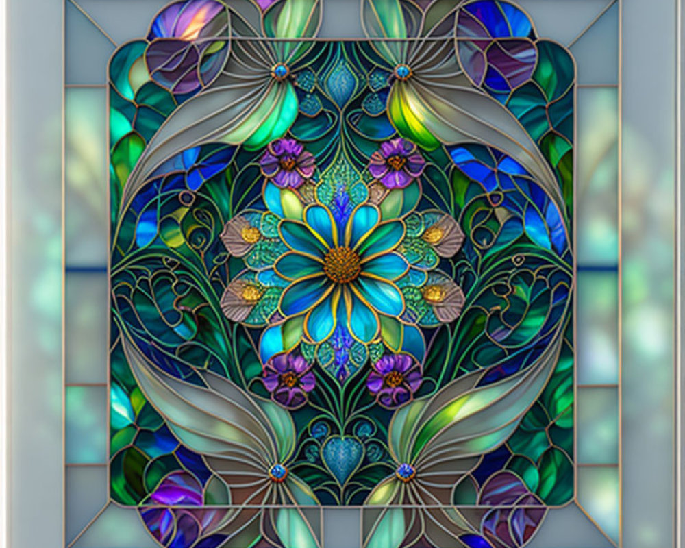 Symmetrical floral stained glass window in blue, green, and purple hues