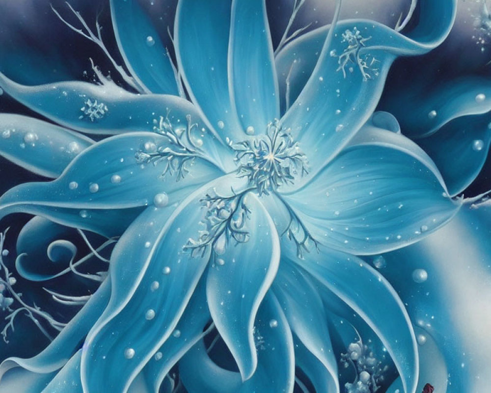 Stylized blue flower with ice crystal patterns and snowflakes