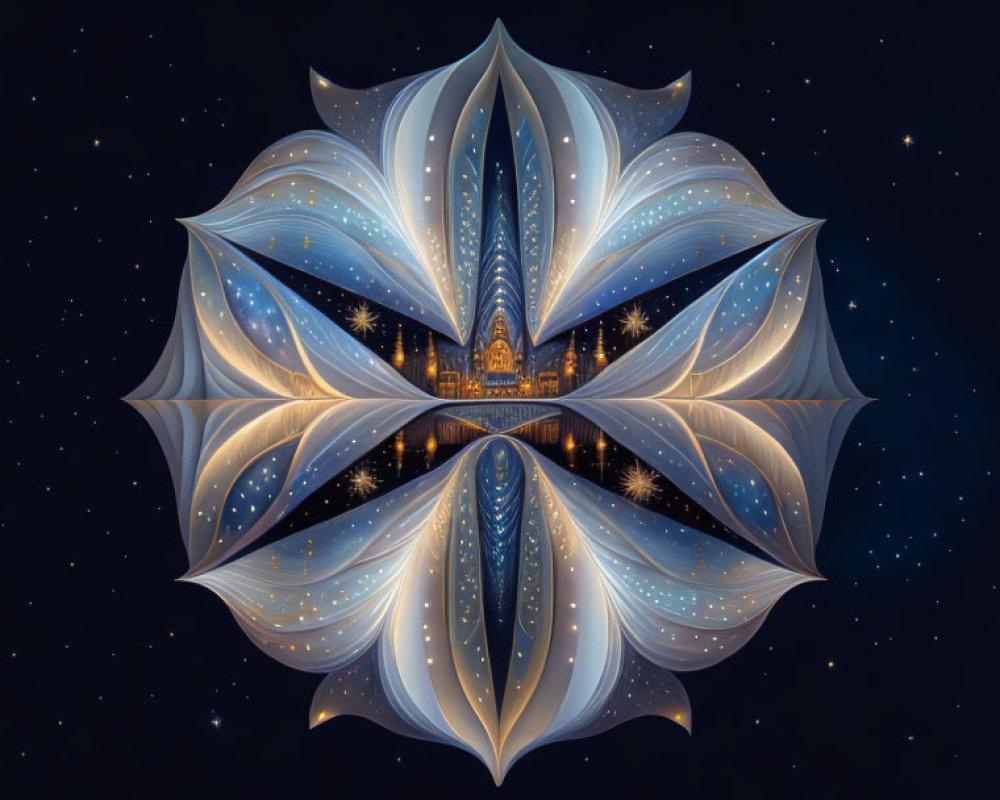 Symmetrical white and blue lotus digital artwork on starry night sky