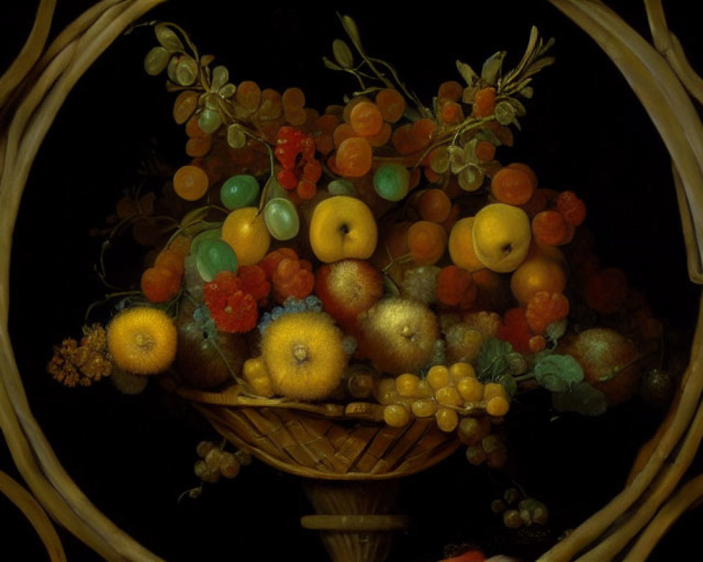 Vibrant Fruit Basket Still Life Painting on Dark Background