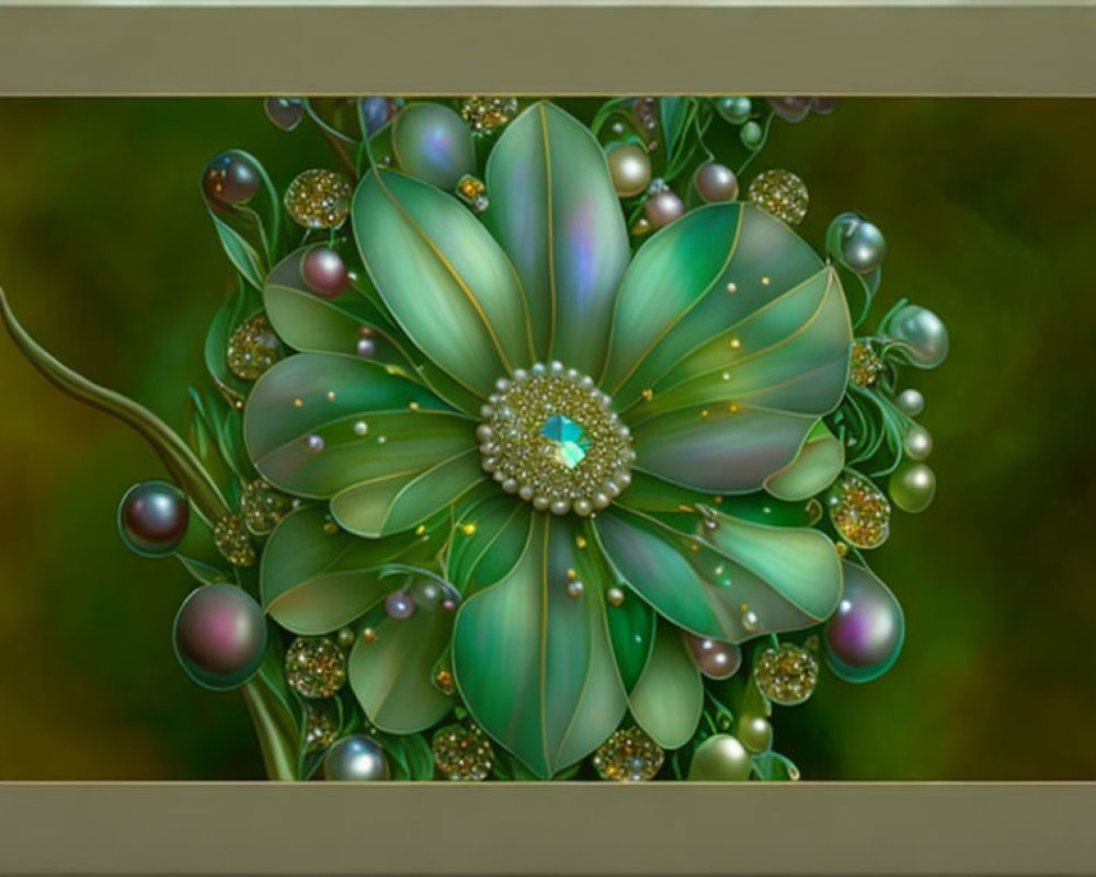 Symmetrical green flower with pearls and spheres on beige background