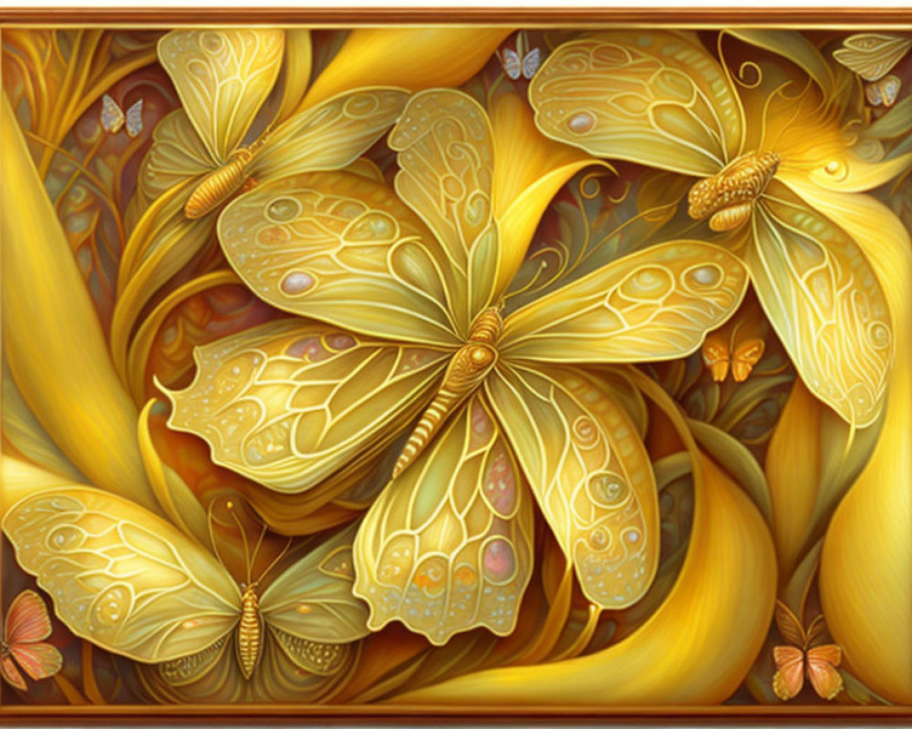 Detailed Golden Butterflies Illustration Among Amber Foliage