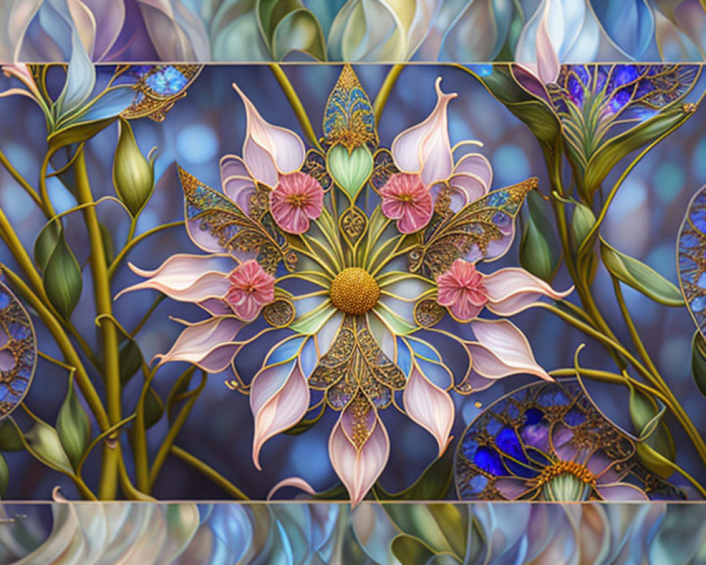 Symmetrical ornate floral digital art with vibrant colors on textured blue background