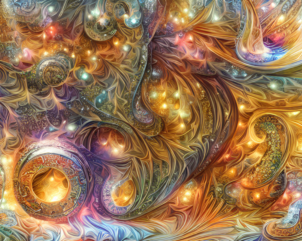 Colorful Fractal Image with Gold, Blue, and Orange Swirling Patterns