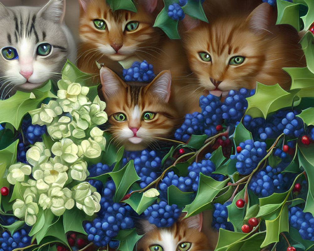 Illustration of colorful cats among green leaves, blueberries, and white flowers