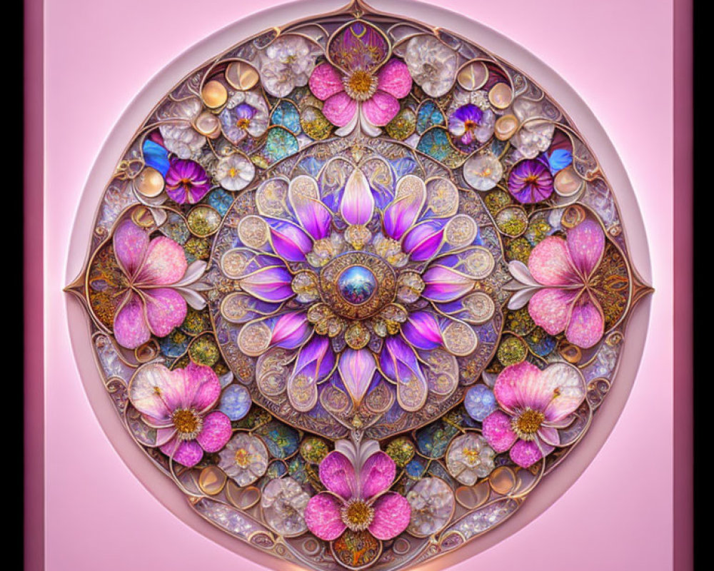 Circular ornate mandala with intricate floral patterns in purple, pink, and green on glowing pink backdrop