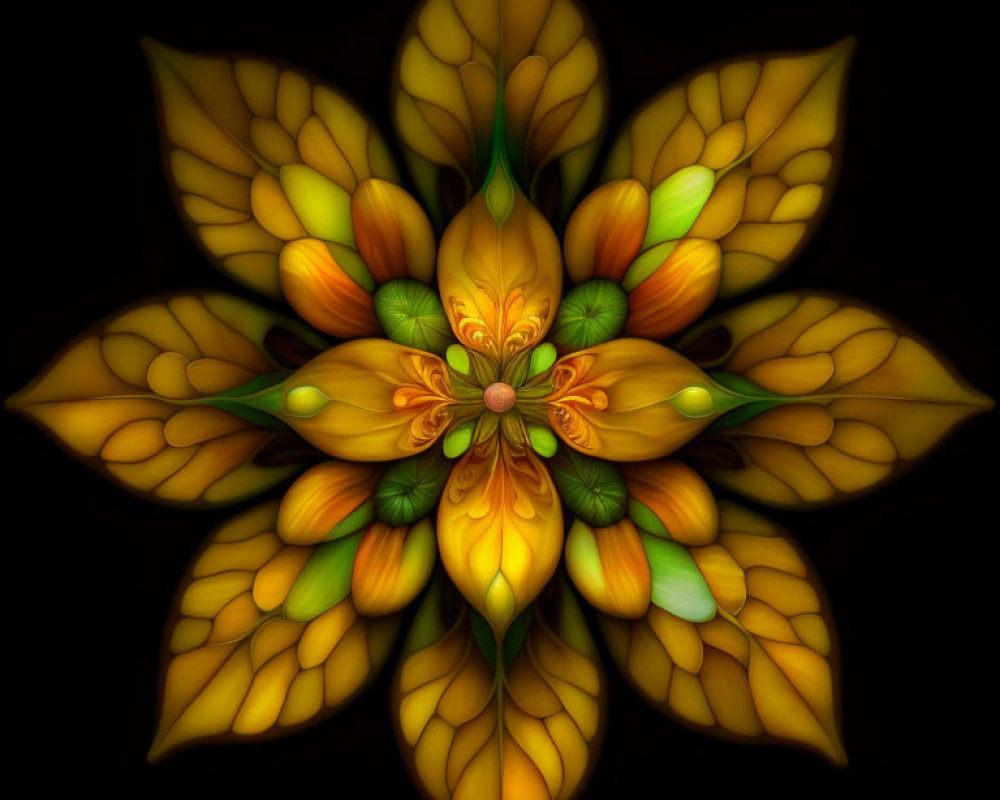 Symmetrical flower digital art with glowing yellow and orange petals