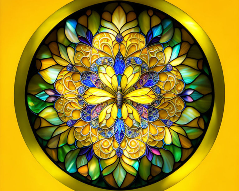 Circular Stained Glass-Style Artwork with Floral Patterns in Vibrant Colors