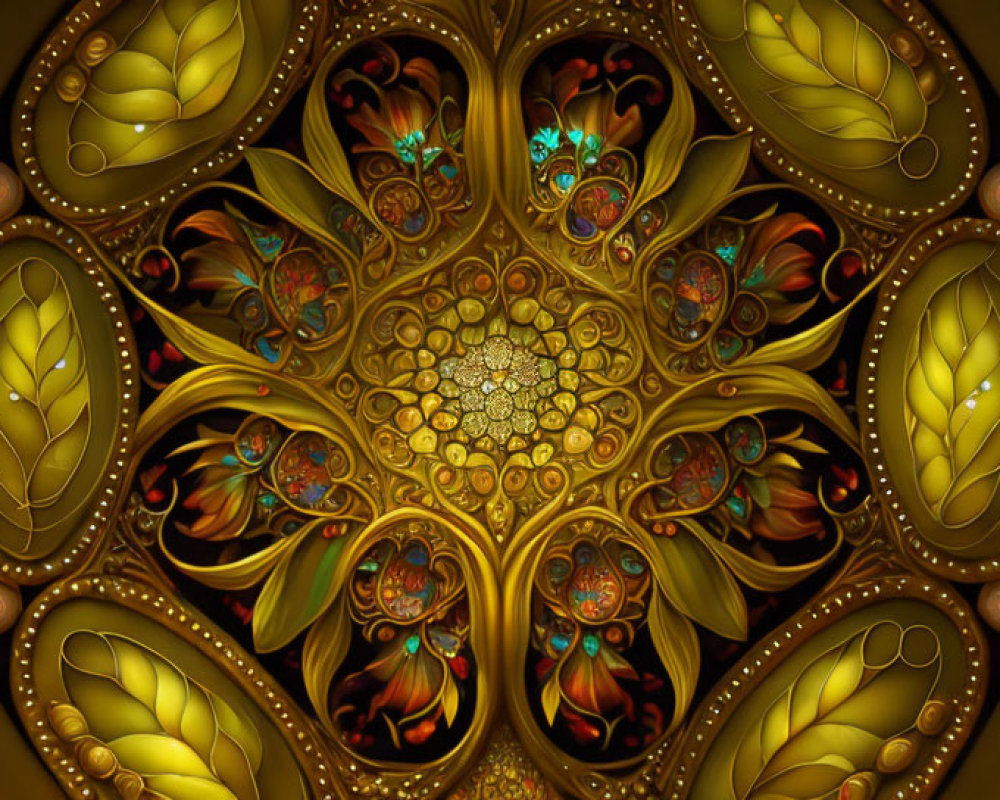 Intricate Golden Mandala with Leaf Patterns on Dark Background