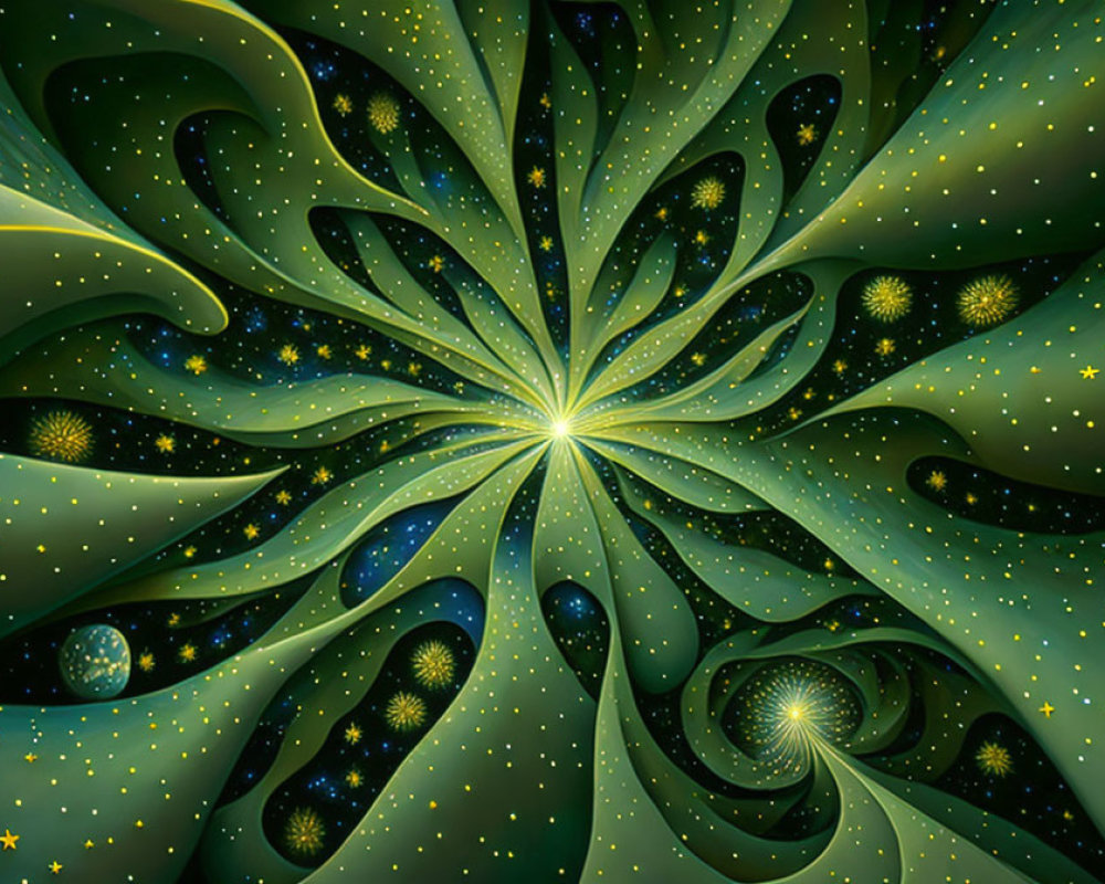 Fractal image: Swirling green patterns, stars, spheres from bright light points on dark background