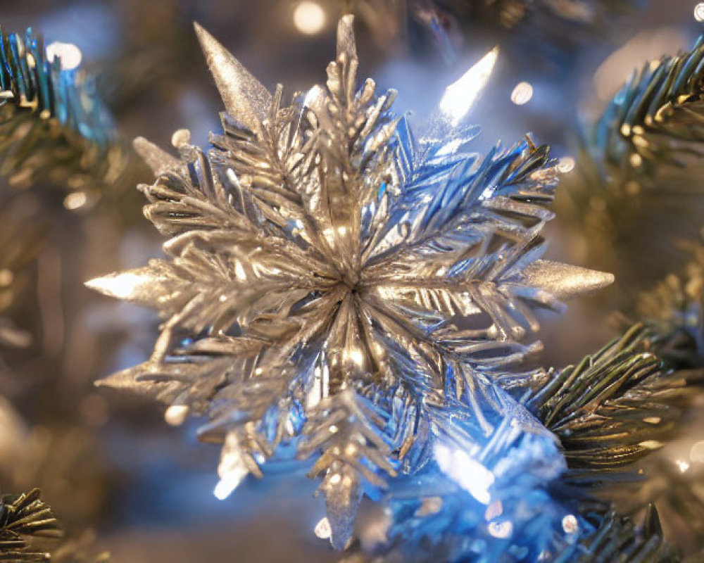 Shimmering silver snowflake ornament on Christmas tree branches