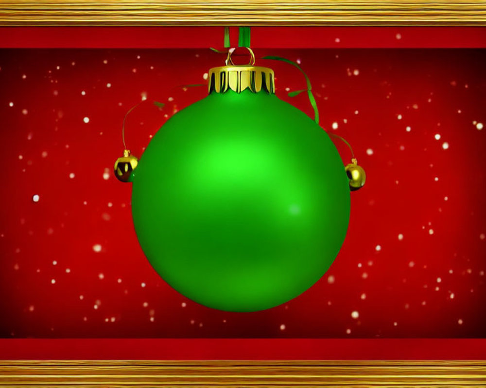 Shiny green Christmas ornament in golden frame on red background