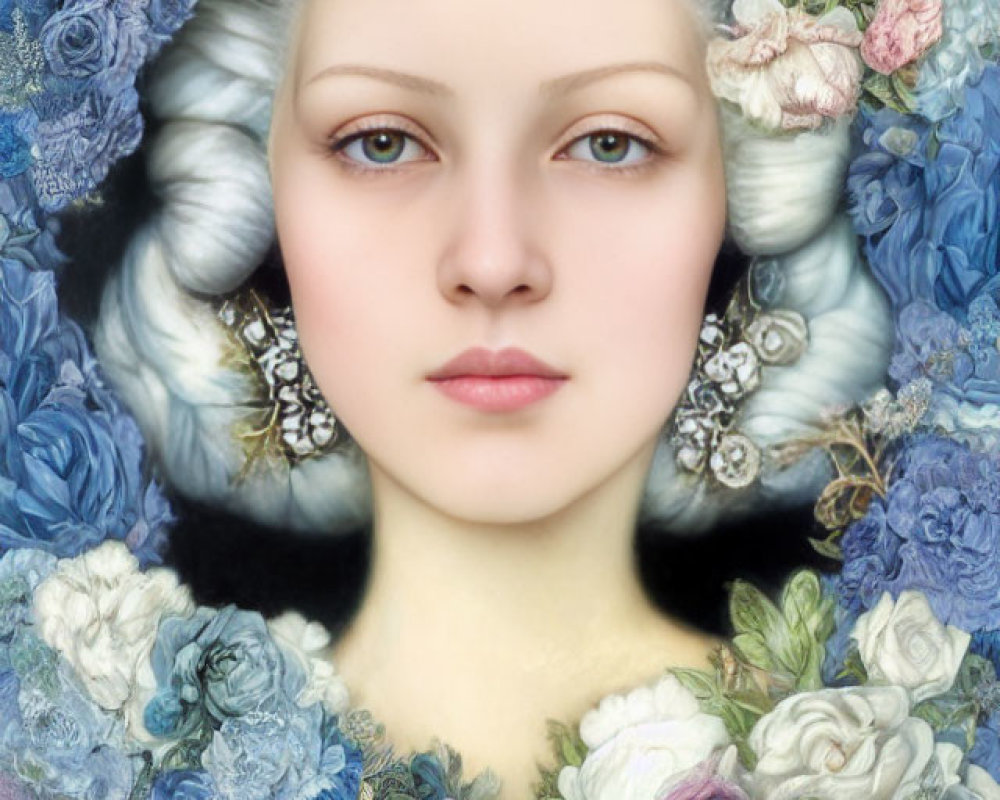 Portrait of woman with pale skin surrounded by blue and white floral halo and detailed earrings