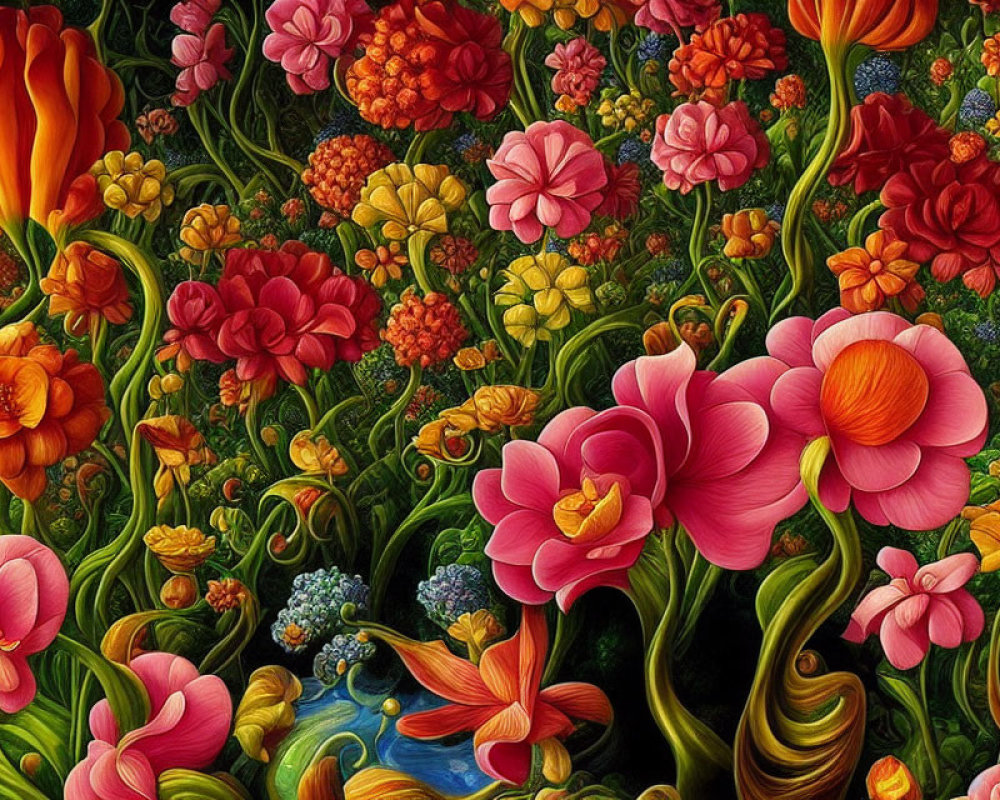 Detailed painting of vibrant garden with red, orange, pink flowers