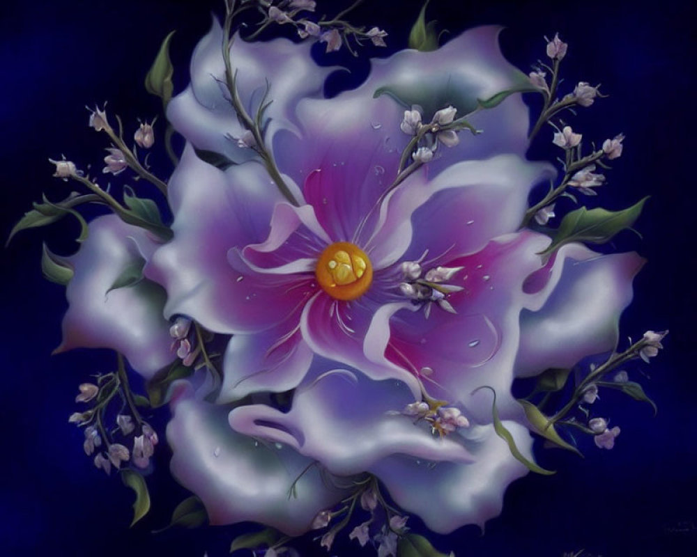 Surreal painting of large pink and white flower on dark blue background
