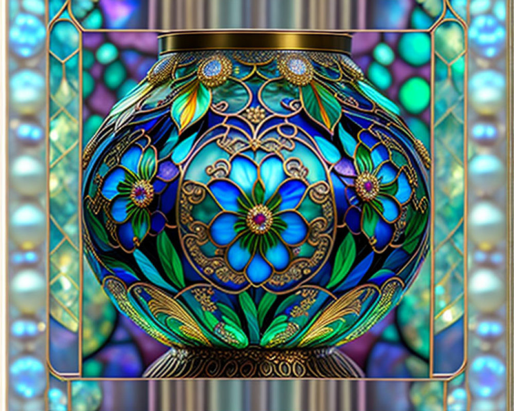 Intricate Blue and Gold Floral Patterned Vase on Multicolored Background