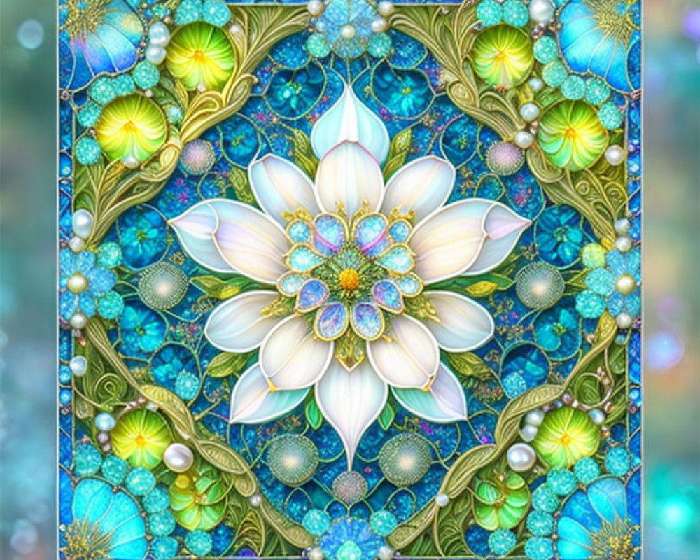 Colorful Mandala with White Lotus and Gold Turquoise Patterns