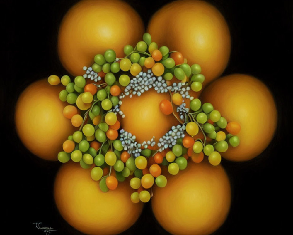 Mandala painting with oranges and spheres on black background