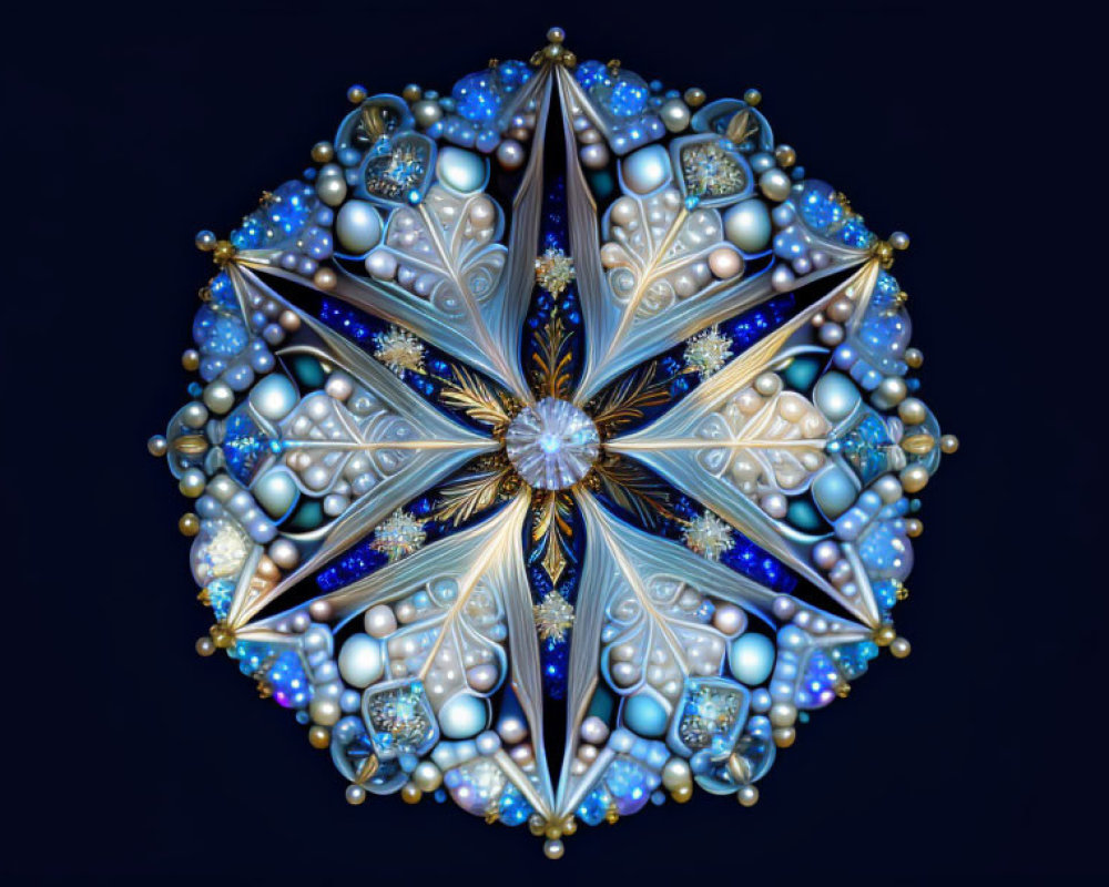 Symmetrical Blue and Gold Fractal Mandala on Dark Background