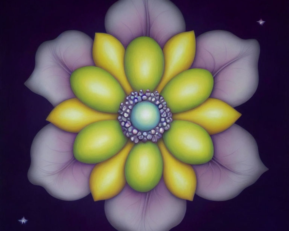 Symmetrical Yellow and Purple Flower Illustration on Dark Starry Background