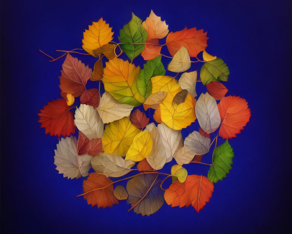 Colorful Autumn Leaves Arrangement on Blue Background